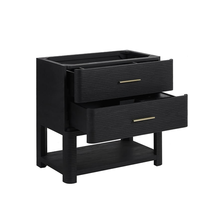 Lucian 36" Single Vanity in Carbon Oak Corner View Open Drawers