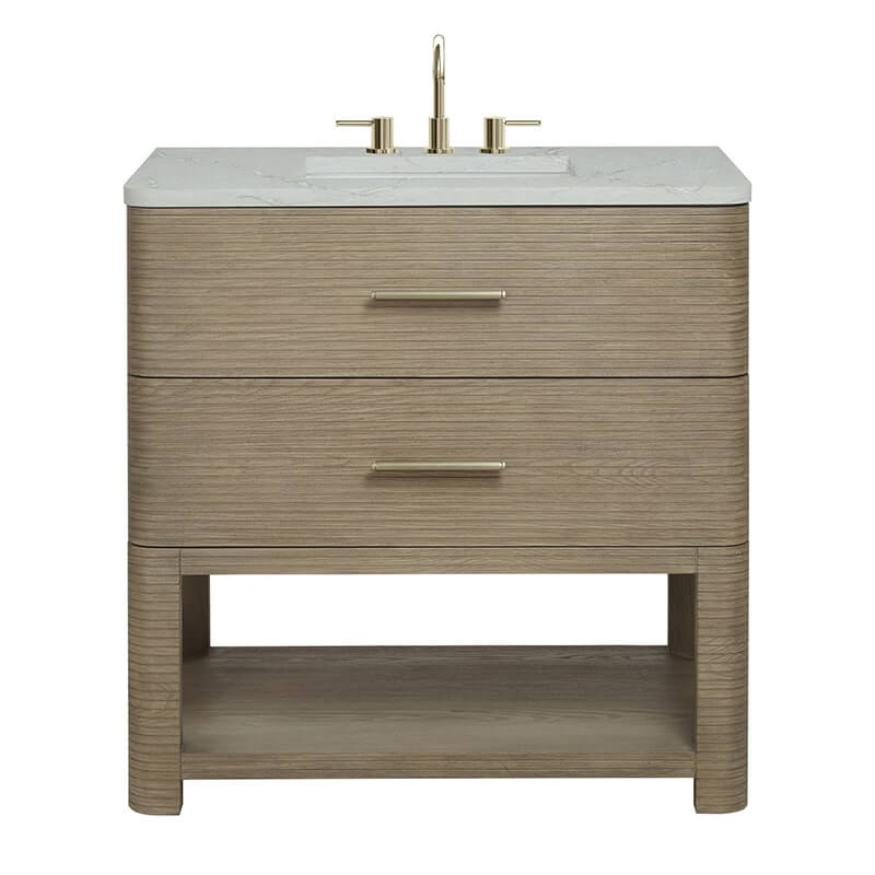 Lucian 36" Single Vanity in Pebble Oak With Victorian Silver Silestone Widespread Top