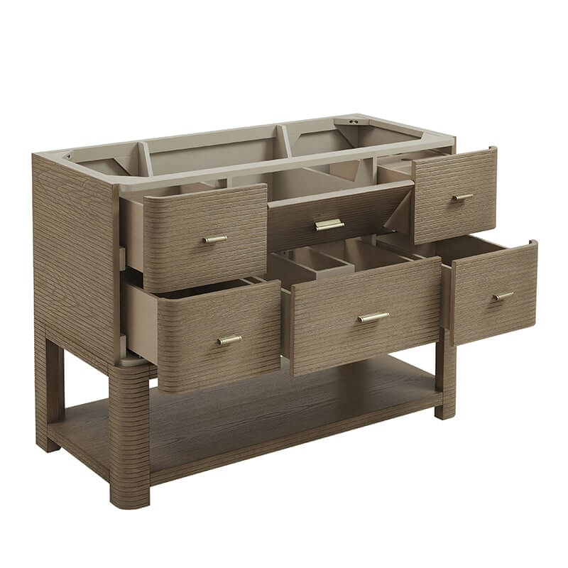 Lucian 48 Inch Single Vanity in Pebble Oak Corner View Open Drawers