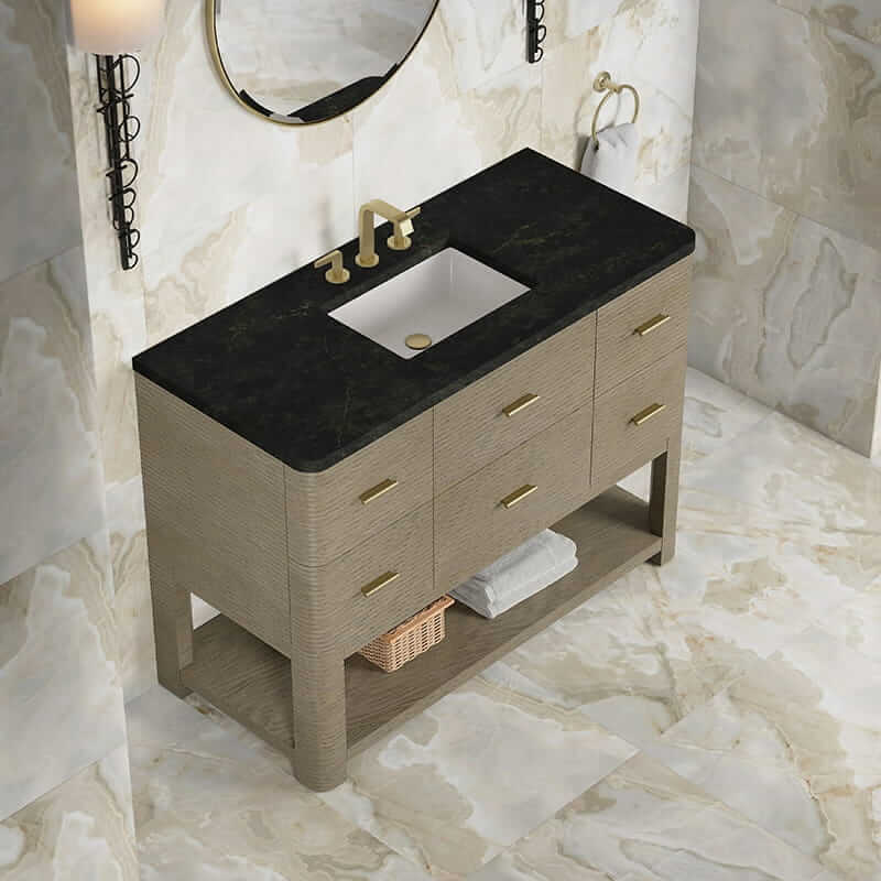 Lucian 48 Inch Single Vanity in Pebble Oak With Phantome Eclos Widespread Top