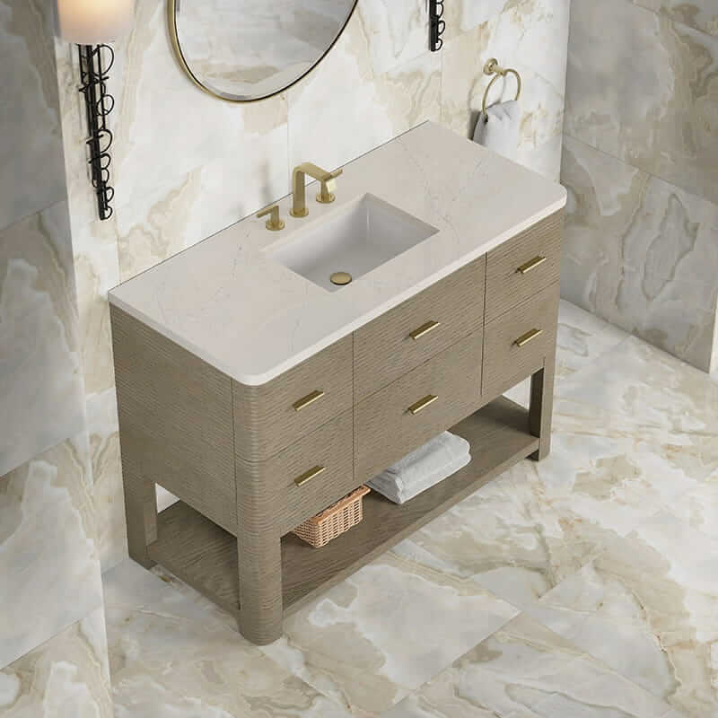 Lucian 48 Inch Single Vanity in Pebble Oak With Siberian Silestone Widespread Top
