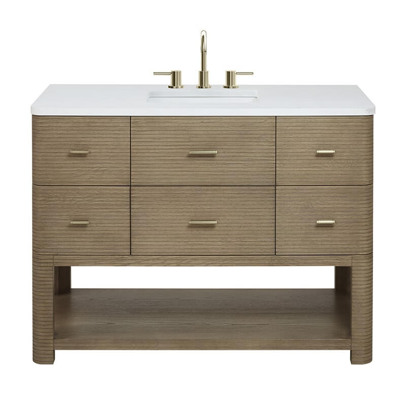 Lucian 48 Inch Single Vanity in Pebble Oak With White Zeus Silestone Widespread Top