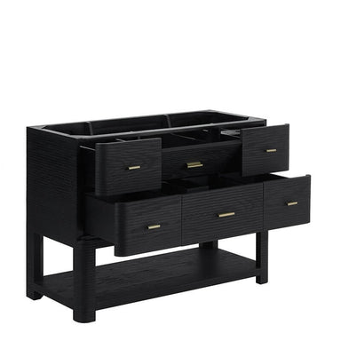 Lucian 48" Single Vanity in Carbon Oak Corner View Open Drawers