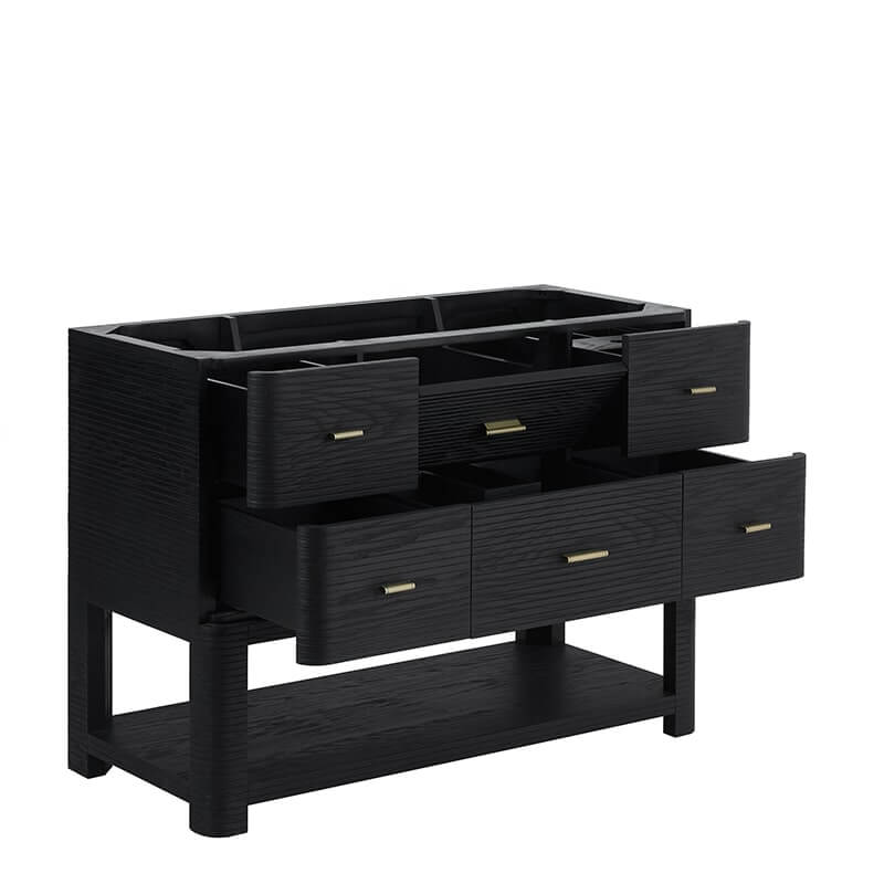 Lucian 48" Single Vanity in Carbon Oak Corner View Open Drawers