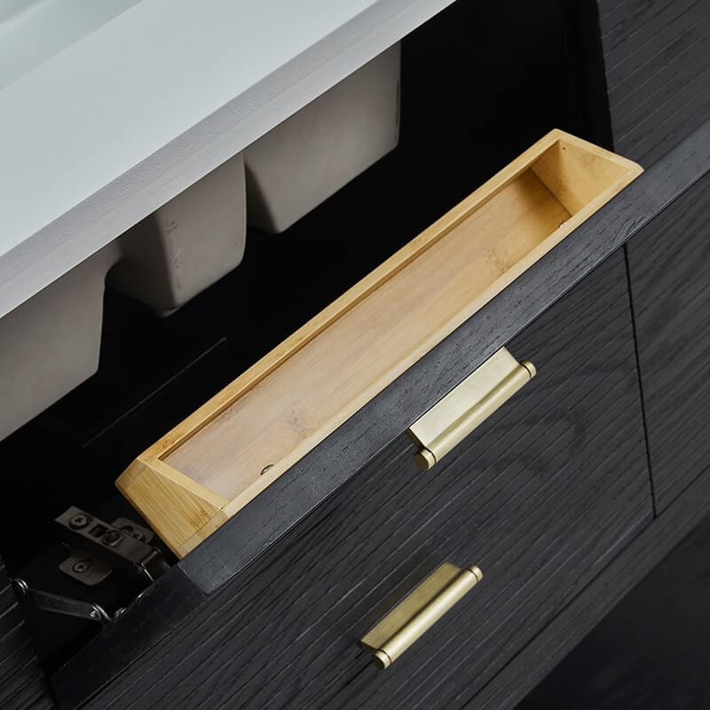 Lucian 48" Single Vanity in Carbon Oak Tip Out Drawer Up Close