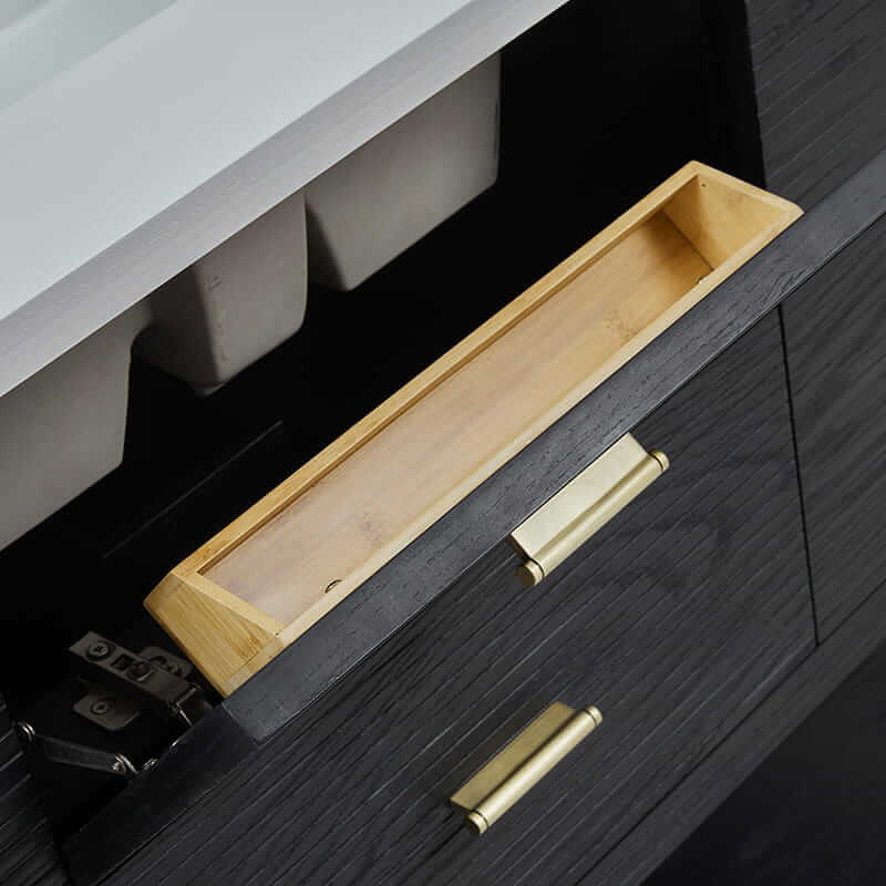 Lucian 48" Single Vanity in Carbon Oak With One Tip Out Drawer Up Close