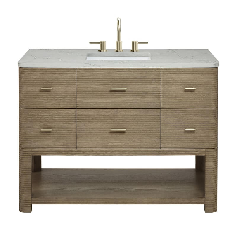Lucian 48" Single Vanity in Pebble Oak With Victorian Silver Silestone Widespread Top