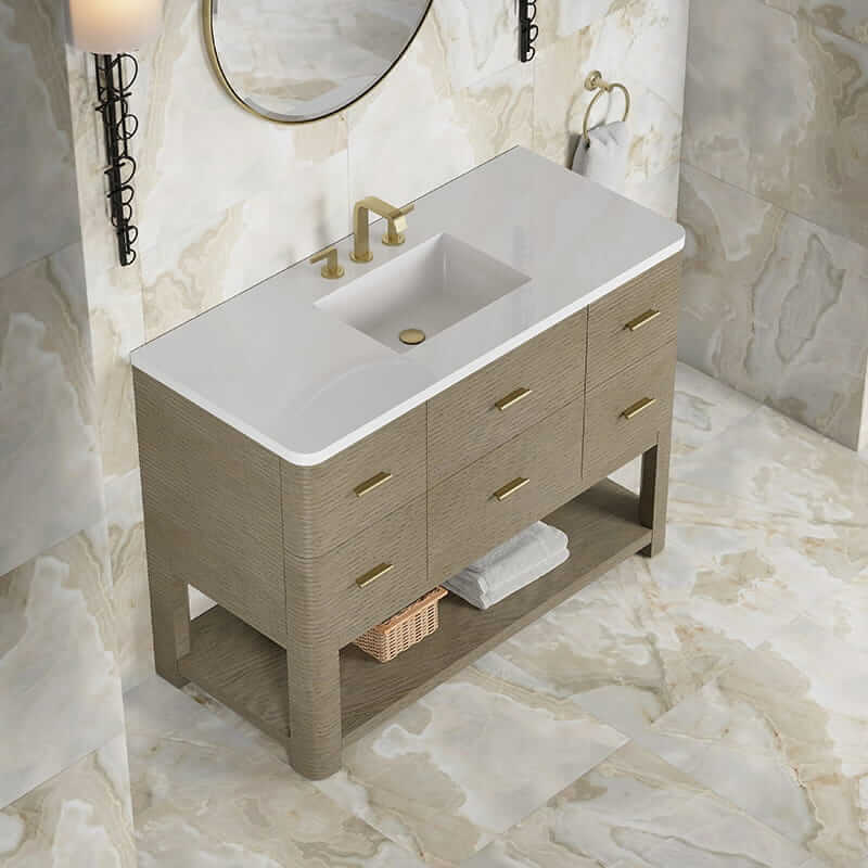 Lucian 48" Single Vanity in Pebble Oak With White Zeus Silestone Widespread Top