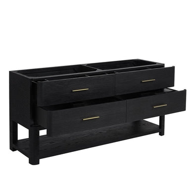 Lucian 72" Double Vanity in Carbon Oak Corner View Open Drawers