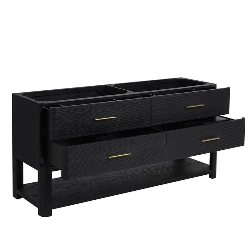 Lucian 72" Double Vanity in Carbon Oak Corner View Open Drawers