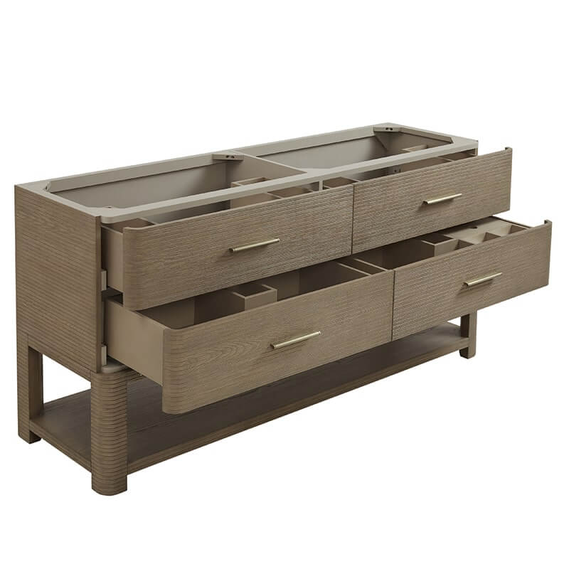 Lucian 72" Double Vanity in Pebble Oak Corner View Open Drawers