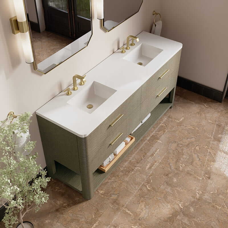 Lucian 72" Double Vanity in Pebble Oak With White Zeus Silestone Widespread Top