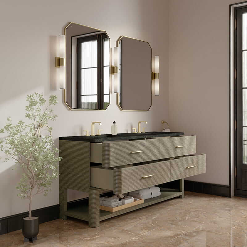 Lucian 72 Inch Double Vanity in Pebble Oak With Phantome Eclos Widespread Top Corner View Lifestyle