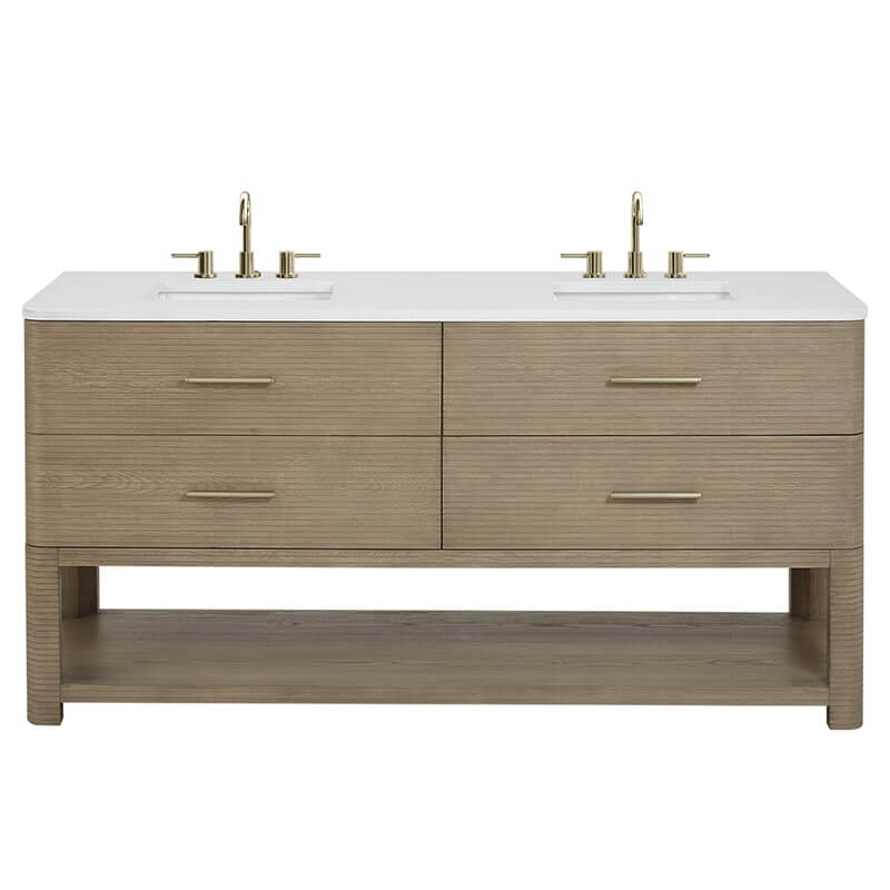 Lucian 72 Inch Double Vanity in Pebble Oak With White Zeus Silestone Widespread Top