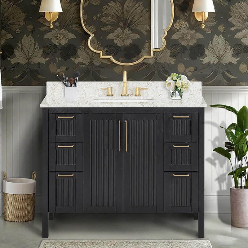 Luka 42 inch Single Vanity Black Oak in Alluring Quartz Front View