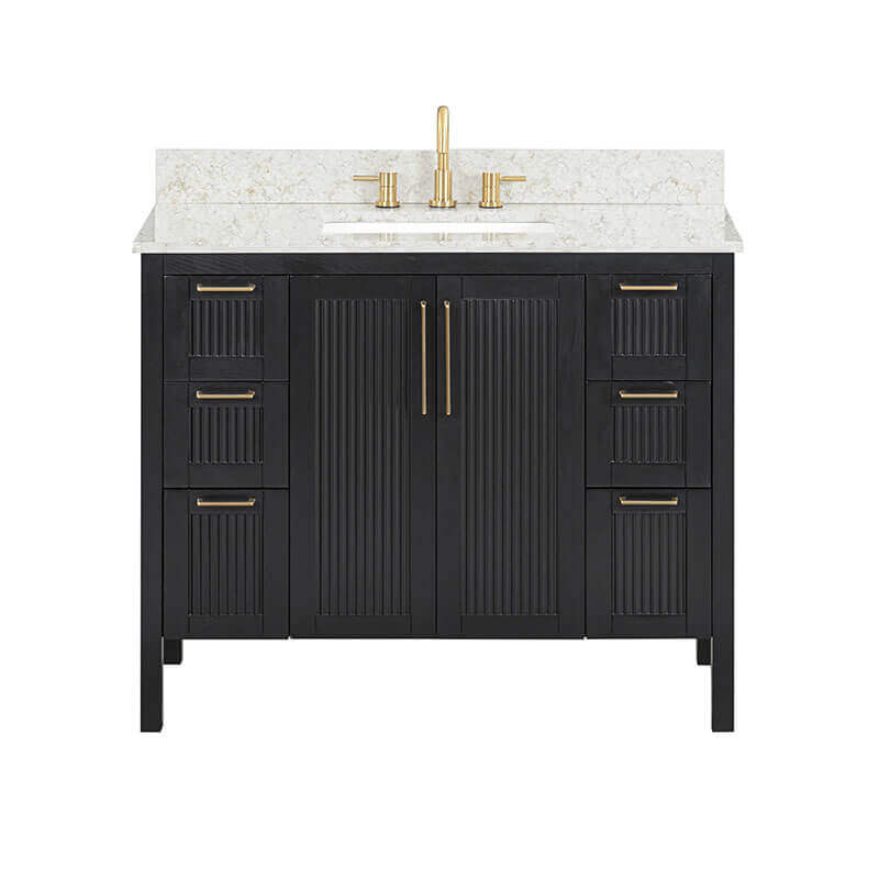 Luka 42 Single Vanity Black Oak in Alluring Quartz Front View
