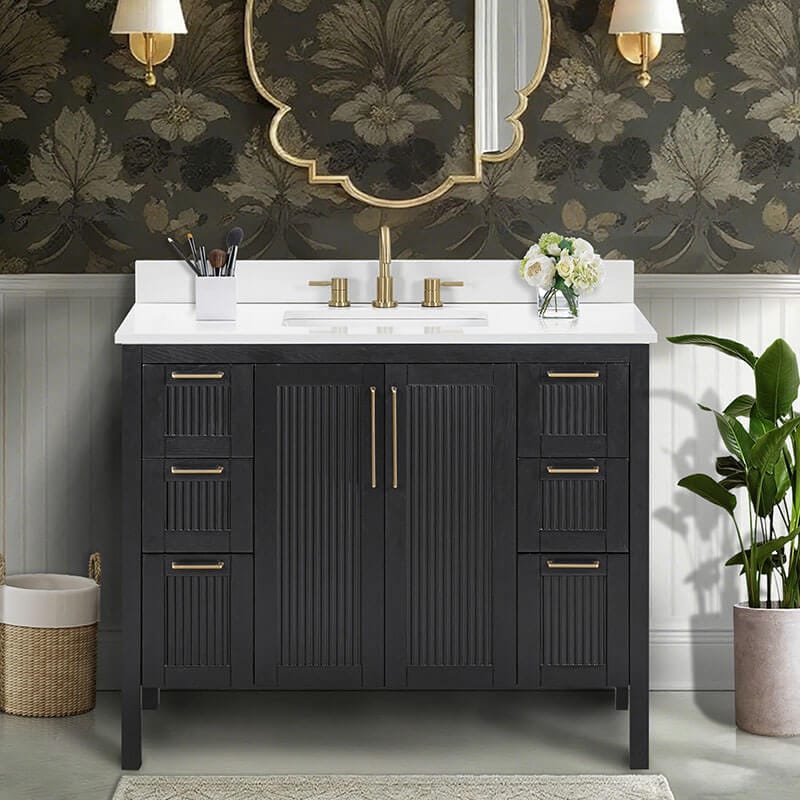 Luka 42 Single Vanity Black Oak in Cala White Engineered Stone  Front View