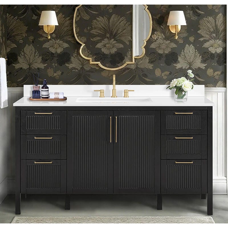 Luka 60 inch Single Vanity Black Oak in Cala White Engineered Stone Front View