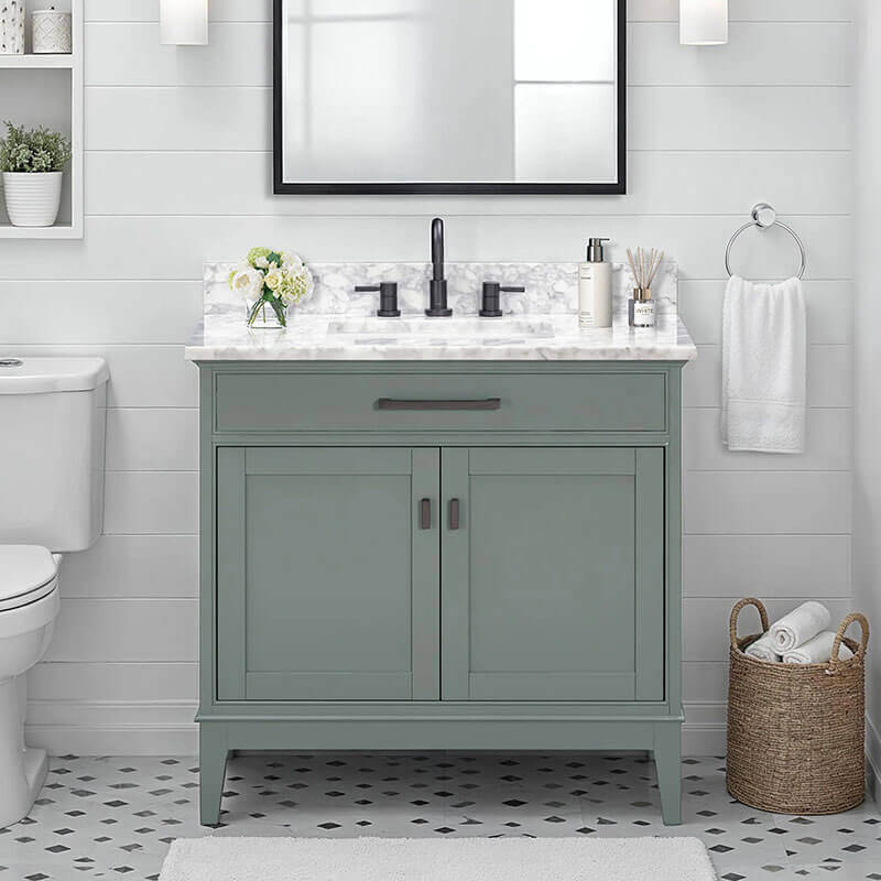 Madison 36 inch Single Vanity Smoke Green in Carrara White Marble Front View