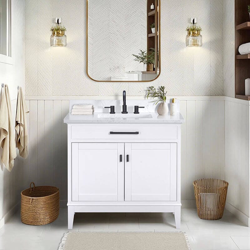 Madison 36 inch Single Vanity White in Cala White Engineered Stone Front View