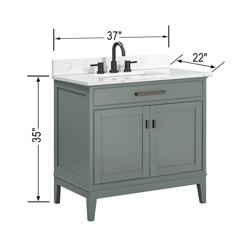 Madison 36 Single Vanity Smoke Green in Cala White Engineered Stone Dimension