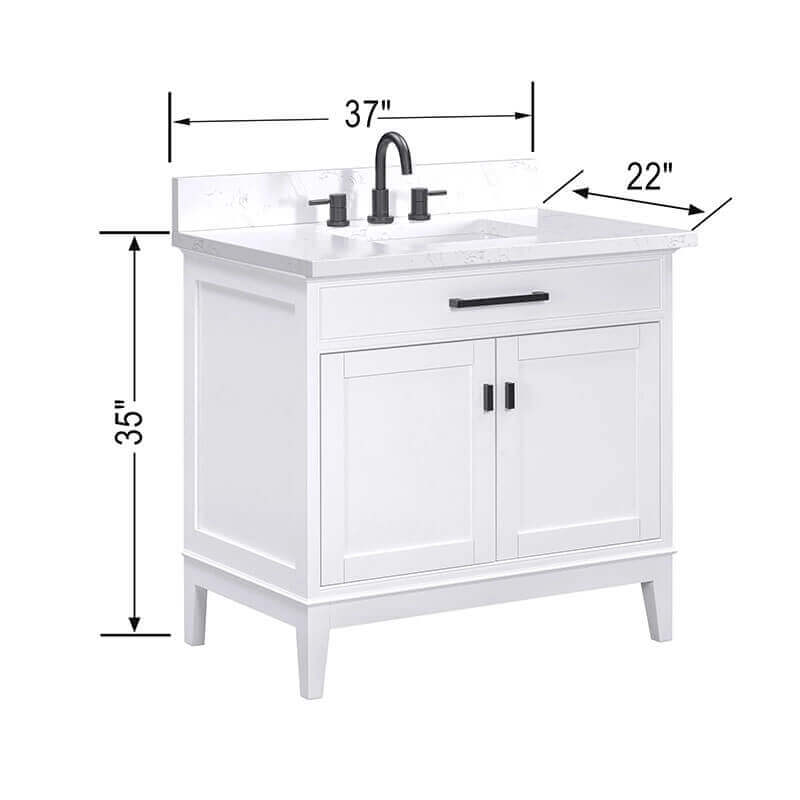 Madison 36 Single Vanity White in Cala White Engineered Stone Dimension