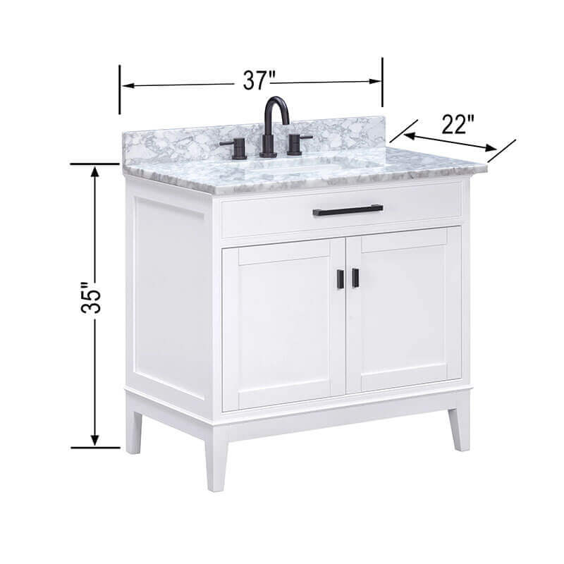 Madison 36 Single Vanity White in Carrara White Marble Dimension
