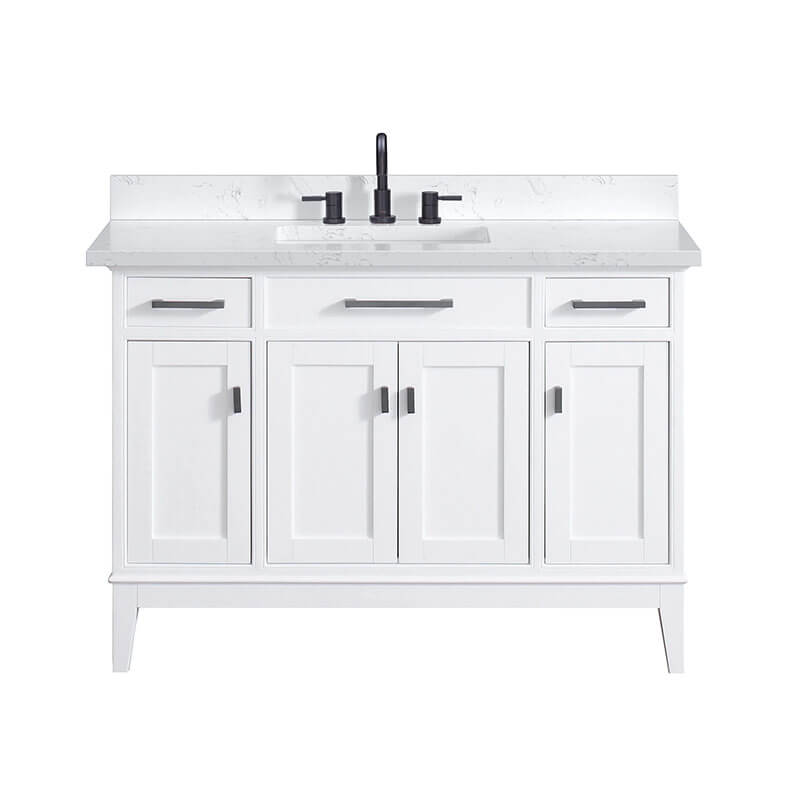 Madison 48 Single Vanity White in Cala White Engineered Stone Front View