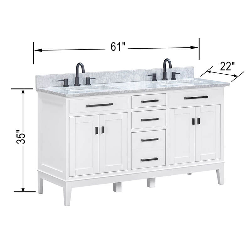 Madison 60 inch Single Vanity White in Carrara White Marble Dimension