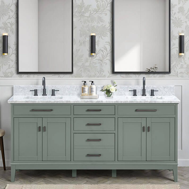Madison 72 inch Double Vanity White Smoke Green in Carrara White Marble Front View