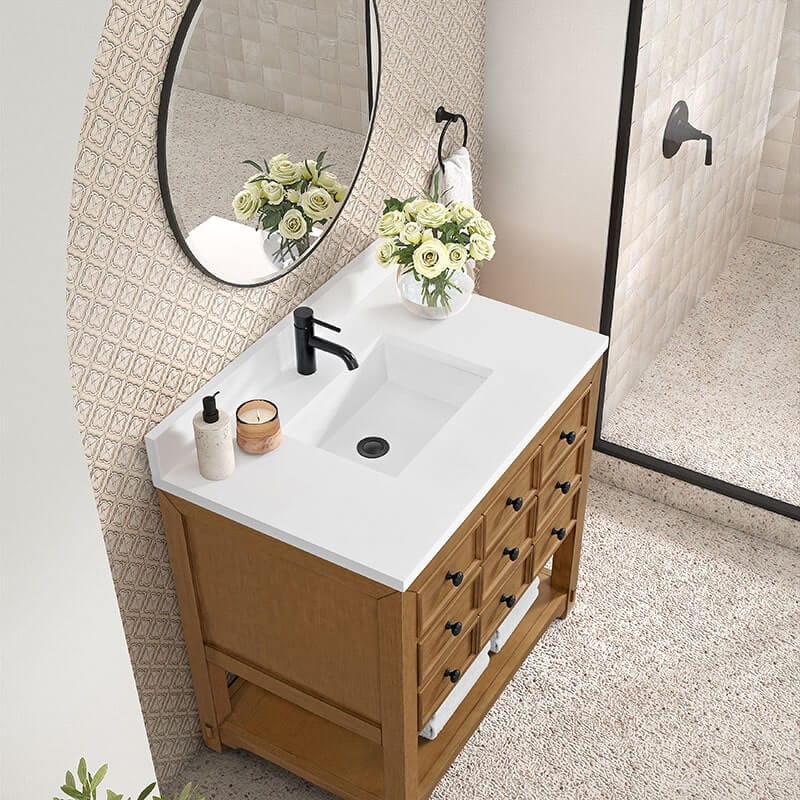 Malibu 36" Single Vanity Amber Birch With Single Hole Faucet White Zeus Top & Backsplash-Min