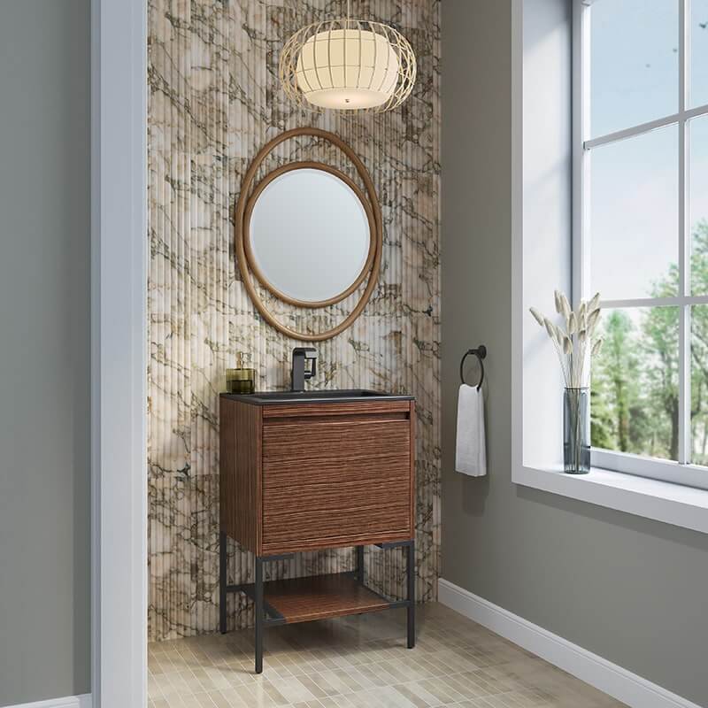 Mantova 23.6 Inch Single Vanity With Matte Black Base With Charcoal Black Composite Stone Top Corner View