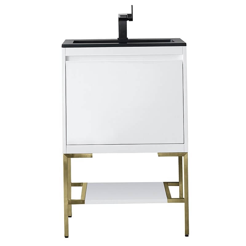 Mantova 23.6" Single Vanity in Glossy White With Champagne Brass Base With Charcoal Black Composite Stone Top