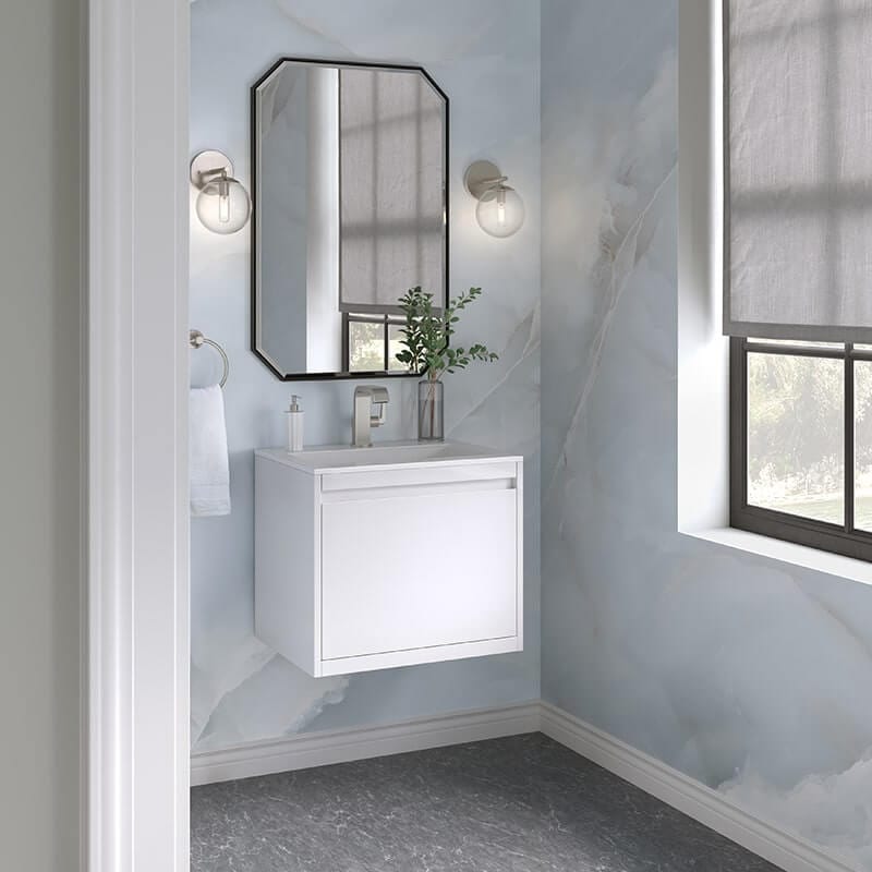 Mantova 23.6" Single Vanity in Glossy White Without Base Cabinet Only With Glossy White Composite Stone Top Corner View