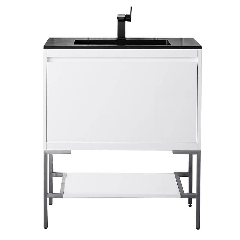 Mantova 31.5 Inch Single Vanity in Glossy White With Brushed Nickel Base With Charcoal Black Composite Stone Top