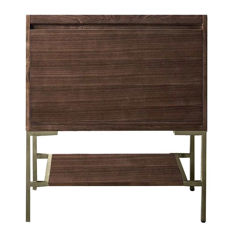 Mantova 31.5 Inch Single Vanity in Mid Century Walnut With Champagne Brass Base Cabinet Only