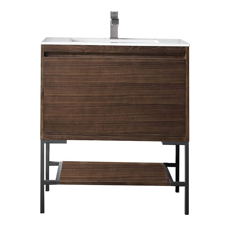 Mantova 31.5 Inch Single Vanity in Mid Century Walnut With Matte Black Base With Glossy White Composite Stone Top