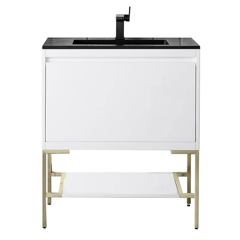 Mantova 31.5" Single Vanity in Glossy White With Champagne Brass Base With Charcoal Black Composite Stone Top