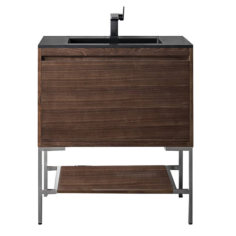 Mantova 31.5" Single Vanity in Mid Century Walnut With Brushed Nickel Base With Charcoal Black Composite Stone Top