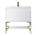 Mantova 35.4 Inch Single Vanity in Glossy White With Champagne Brass Base With Glossy White Composite Stone Top