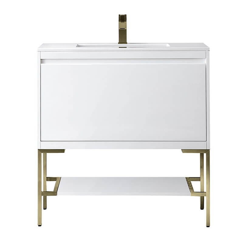 Mantova 35.4 Inch Single Vanity in Glossy White With Champagne Brass Base With Glossy White Composite Stone Top