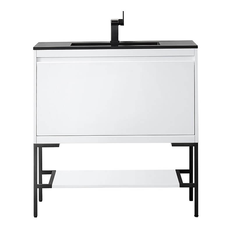 Mantova 35.4 Inch Single Vanity in Glossy White With Matte Black Base With Charcoal Black Composite Stone Top