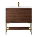 Mantova 35.4 Inch Single Vanity in Mid Century Walnut With Champagne Brass Base With Glossy White Composite Stone Top