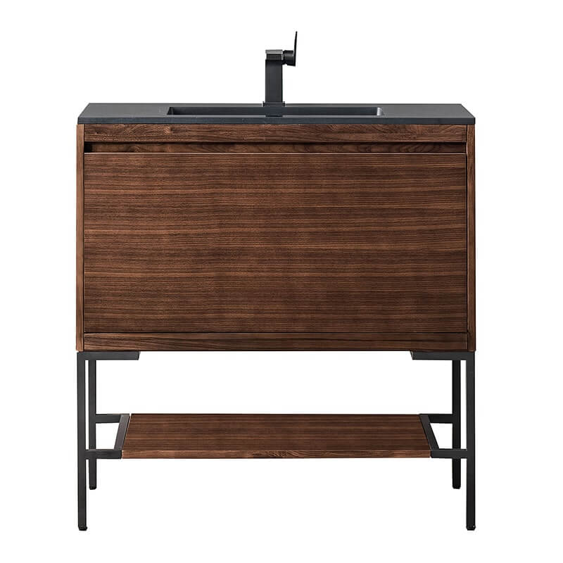 Mantova 35.4 Inch Single Vanity in Mid Century Walnut With Matte Black Base With Charcoal Black Composite Stone Top