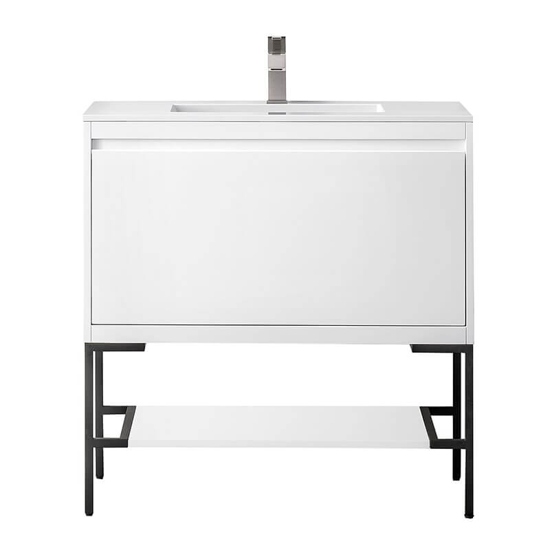 Mantova 35.4" Single Vanity in Glossy White With Matte Black Base With Glossy White Composite Stone Top