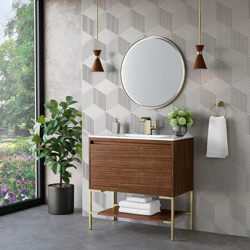 Mantova 35.4" Single Vanity in Mid Century Walnut With Champagne Brass Base Corner View