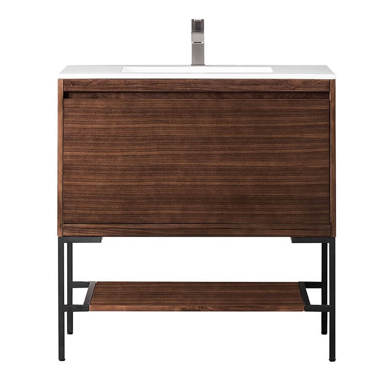 Mantova 35.4" Single Vanity in Mid Century Walnut With Matte Black Base With Glossy White Composite Stone Top