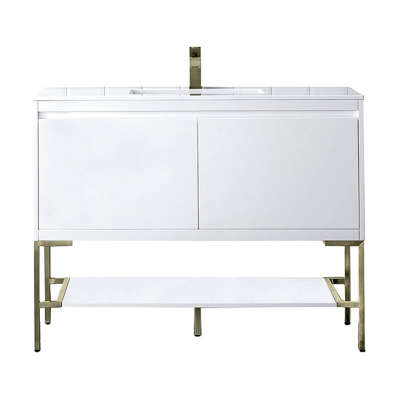 Mantova 47.3 Inch Single Vanity in Glossy White With Champagne Brass Base With Glossy White Composite Stone Top