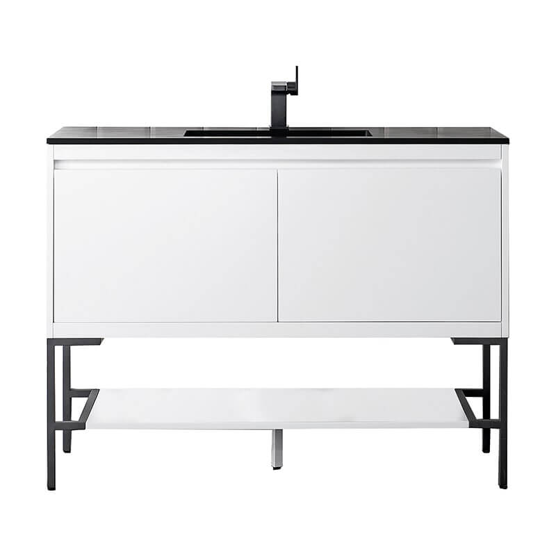 Mantova 47.3 Inch Single Vanity in Glossy White With Matte Black Base With Charcoal Black Composite Stone Top