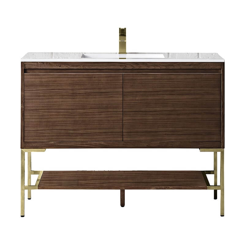 Mantova 47.3 Inch Single Vanity in Mid Century Walnut With Champagne Brass Base With Glossy White Composite Stone Top